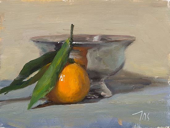 daily painting titled Clementine and silver bowl