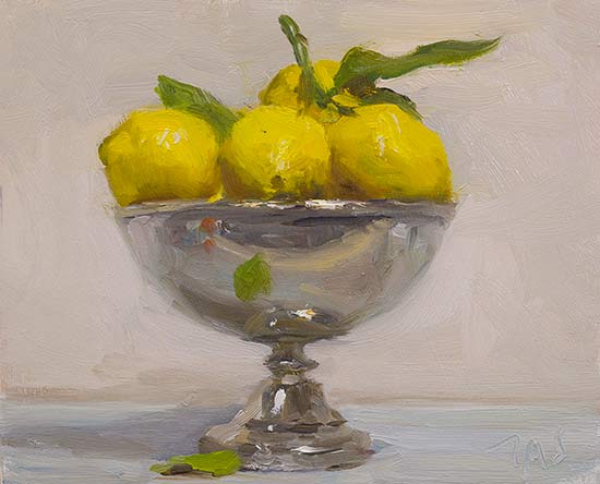 daily painting titled Lemons in a silver bowl