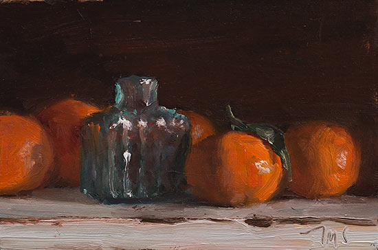 daily painting titled Clementines and ink bottle