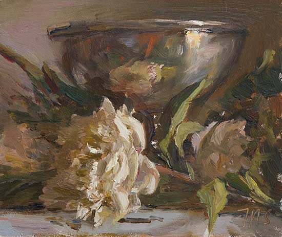 daily painting titled White peonies and silver bowl