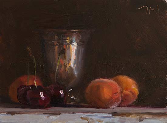 daily painting titled Cherries, apricots and silver goblet