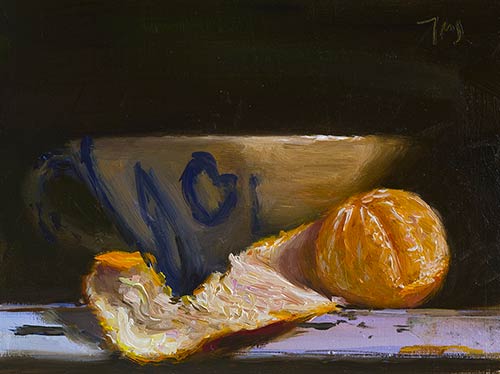 daily painting titled Peeled clementine and cup