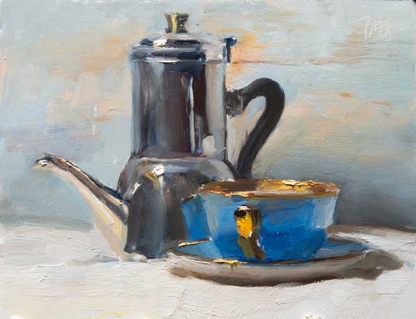 click to see an enlargement Daily painting of Coffee pot and blue cup