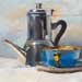 Coffee pot and blue cup, daily painting, posted on Saturday Jul 5 2025 Coffee pot and blue cup
