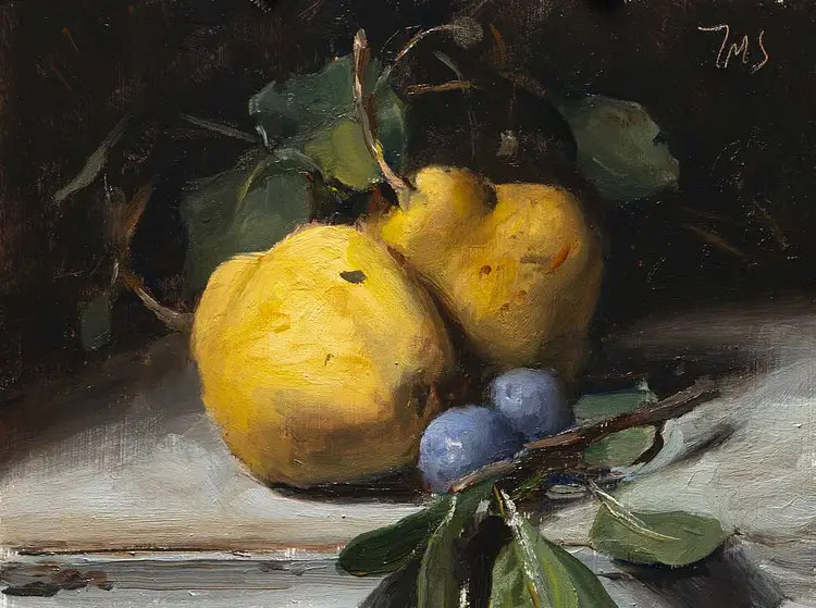 Still-life oil painting of lemons and dark blue plums by Julian Merrow-Smith