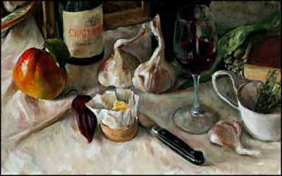 daily painting titled Still life with garlic bulbs, pear, cheese and Chateau Rayas