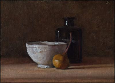 daily painting titled White Bowl, Bottle and Hedgerow Pear