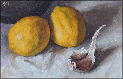 daily painting titled Lemons and Garlic Clove