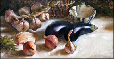 daily painting titled Still life with Thyme, Garlic, Breton Onions and Aubergines