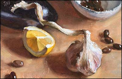 daily painting titled Garlic and Lemon Slice with Olives Niçoise