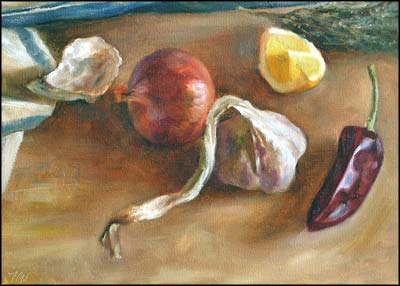 daily painting titled Onion and Garlic with Lemon, Thyme and Oyster Shell