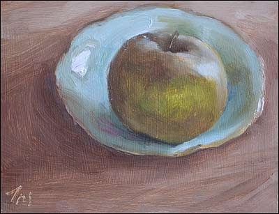 daily painting titled Green Apple on a Saucer