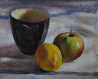 daily painting titled Apple and Lemon with a Black Bowl