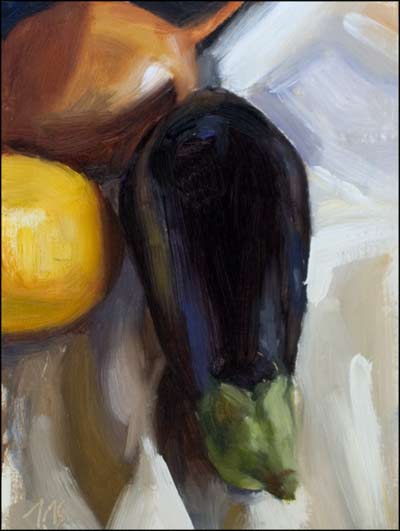 daily painting titled Aubergine, Lemon and Onion