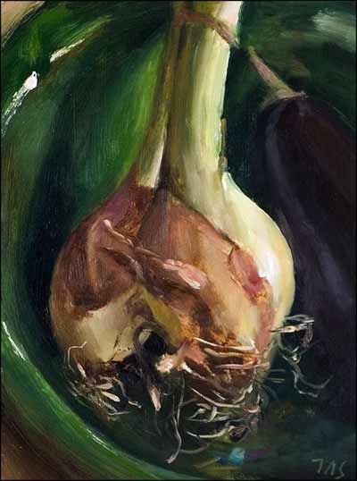 daily painting titled New Season  Onions in a Provençal  bowl