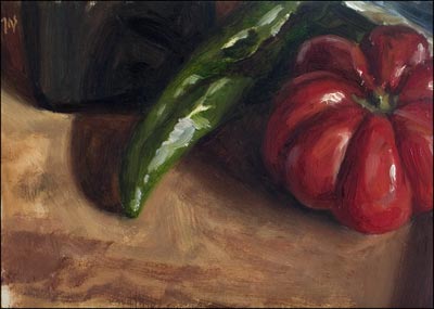 daily painting titled Tomato, Green Pepper and Bottle