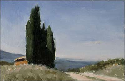 daily painting titled Cabanon and Cypress Trees