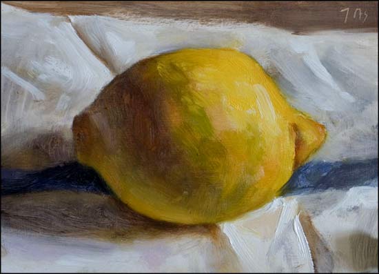 daily painting titled Lemon on a napkin with a blue stripe