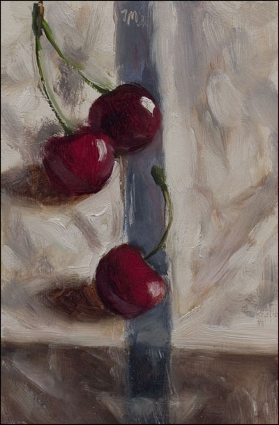 daily painting titled Three Cherries on the Edge of the Table