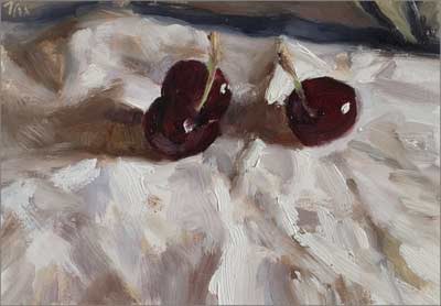 daily painting titled Three Cherries on a White Cloth