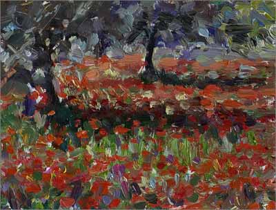 daily painting titled Poppies in an Olive Grove