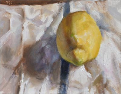 daily painting titled Lemon on a White Cloth