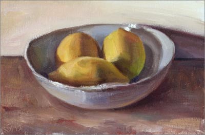 daily painting titled Three Lemons in a White Bowl
