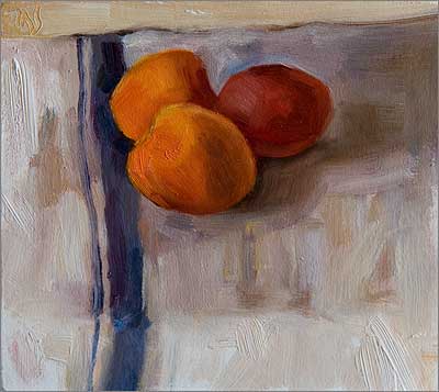 daily painting titled Apricots on a White Cloth
