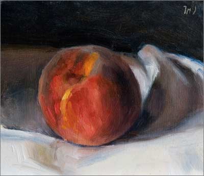 daily painting titled Peach on a White Cloth