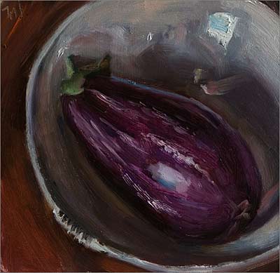daily painting titled Striped Aubergine in a White Bowl