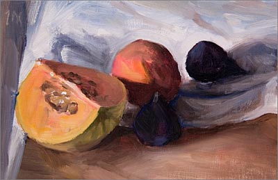 daily painting titled Melon, Peach and Figs