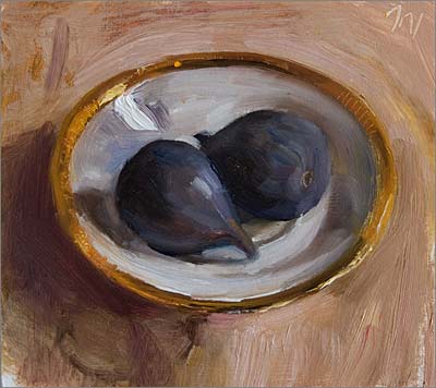 daily painting titled Black Figs on a Gold Rimmed Saucer
