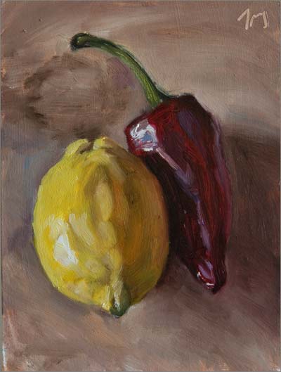 daily painting titled Lemon and Chilli Pepper
