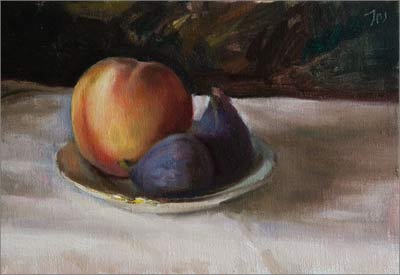daily painting titled Peach and Figs on a Gold Rimmed Saucer