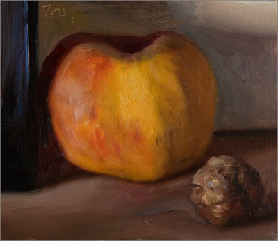daily painting titled Apple, Bottle and Walnut