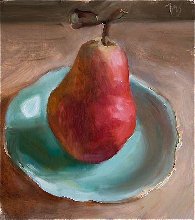 daily painting titled Red Pear on a Gold Rimmed Saucer