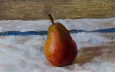 daily painting titled Red Pear on a French Cloth