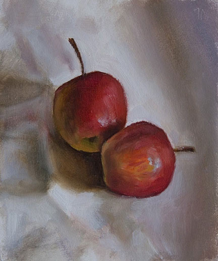 daily painting titled Two Apples on a White Cloth