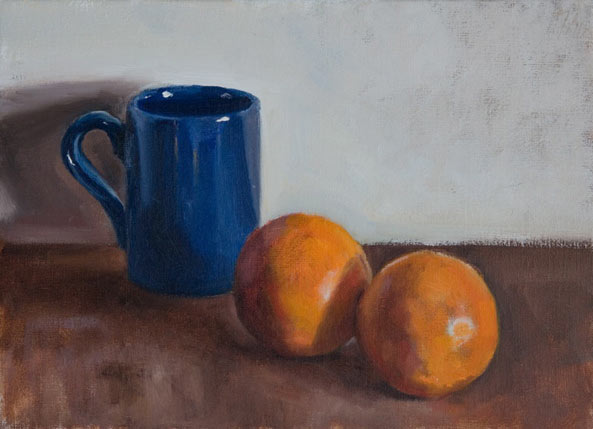 daily painting titled Blood Oranges with Blue Mug