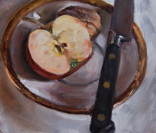 daily painting titled Apple half Knife and Walnut on a Gold Rimmed Saucer