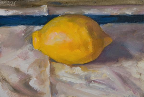 daily painting titled Lemon on a Cloth with a Blue Stripe