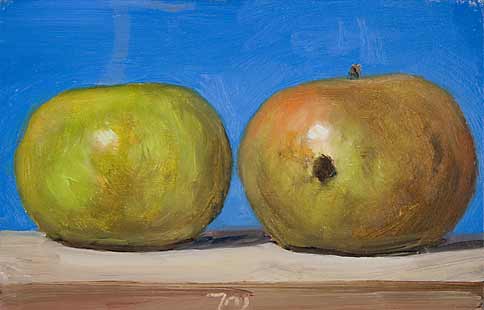 daily painting titled Green Apples on a Blue Ground