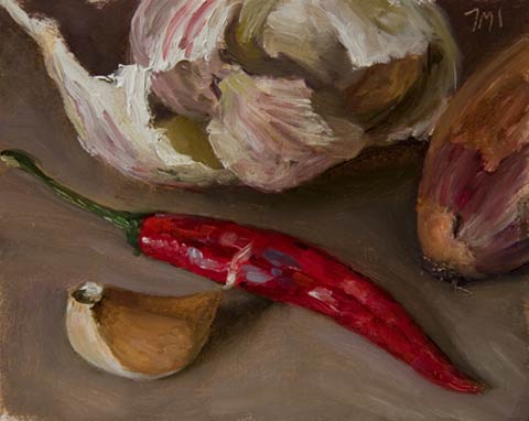 daily painting titled Still life with Chili and Garlic