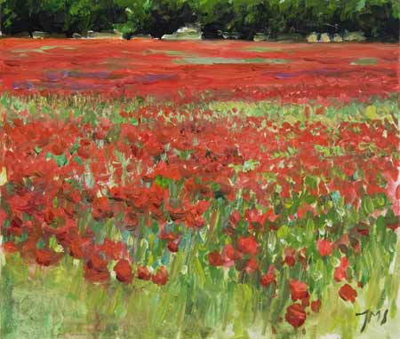 daily painting titled Poppies and Cherry Orchard