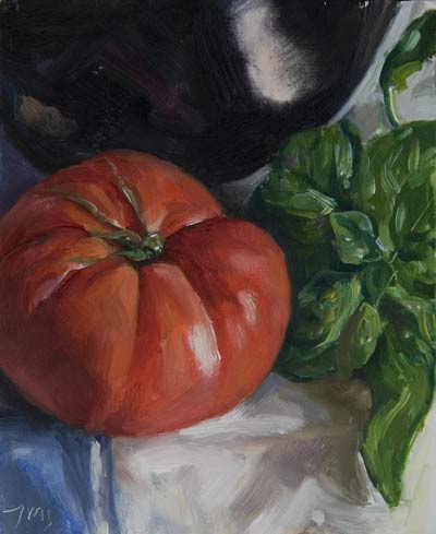 daily painting titled Tomato, Basil and Aubergine