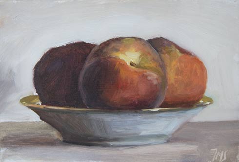 daily painting titled Three Peaches on a Plate