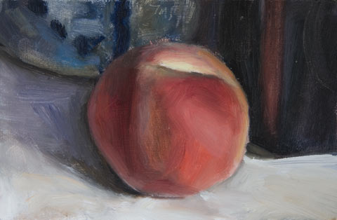 daily painting titled Still Life with Peach, Teapot and Bottle