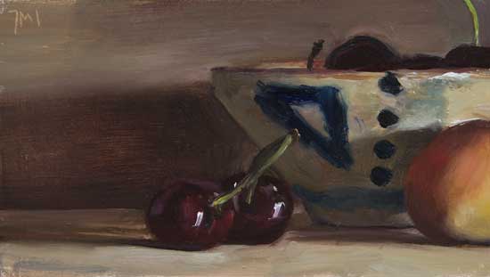 daily painting titled Still Life with Cup, Cherries and Apricot