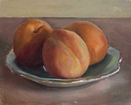 daily painting titled Three Apricots on a Gold Rimmed Saucer