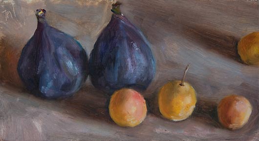 daily painting titled Figs and Mirabelles
